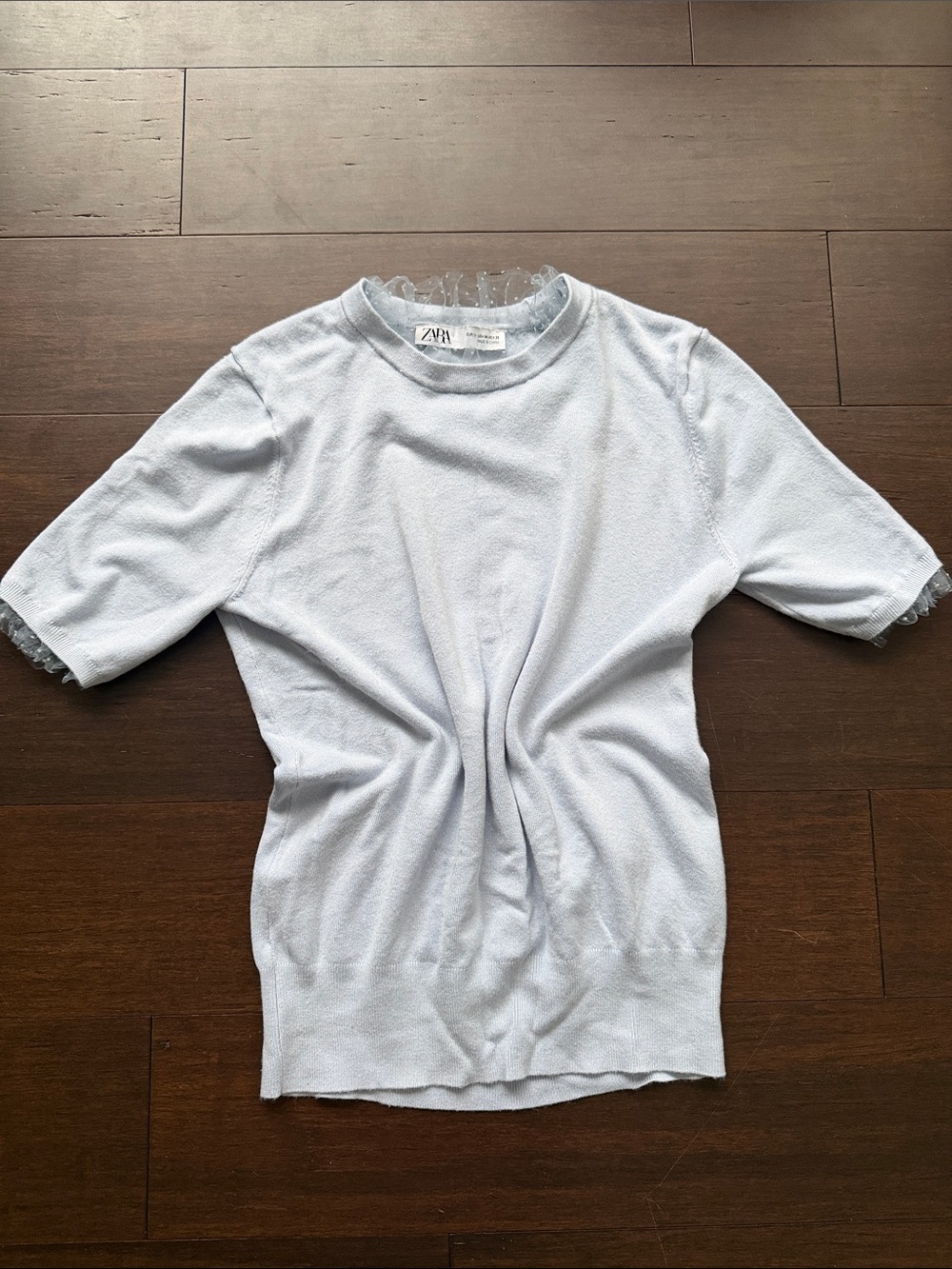 Zara Pale Blue Short Sleeve Knit Top with Lace Trim